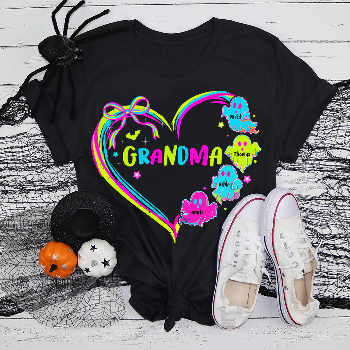 Halloween Preppy Style Neon Colors Boo Kids Names Grandma Heart Personalized Shirt