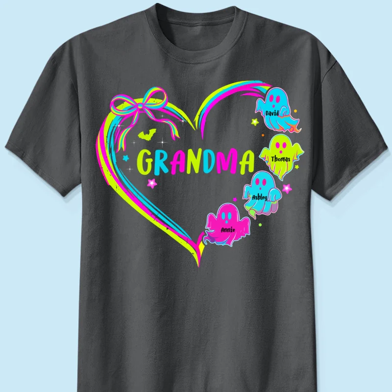 Halloween Preppy Style Neon Colors Boo Kids Names Grandma Heart Personalized Shirt - Image 10