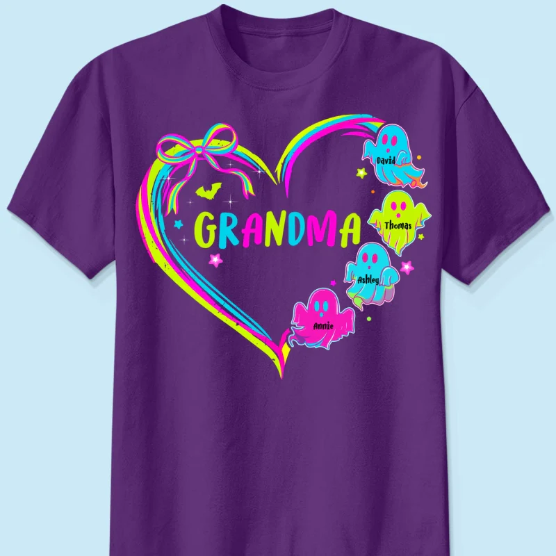 Halloween Preppy Style Neon Colors Boo Kids Names Grandma Heart Personalized Shirt - Image 11