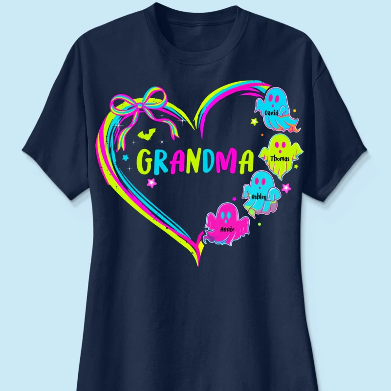 Halloween Preppy Style Neon Colors Boo Kids Names Grandma Heart Personalized Shirt - Image 13