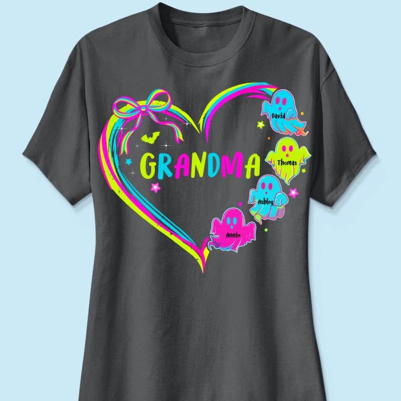 Halloween Preppy Style Neon Colors Boo Kids Names Grandma Heart Personalized Shirt - Image 14