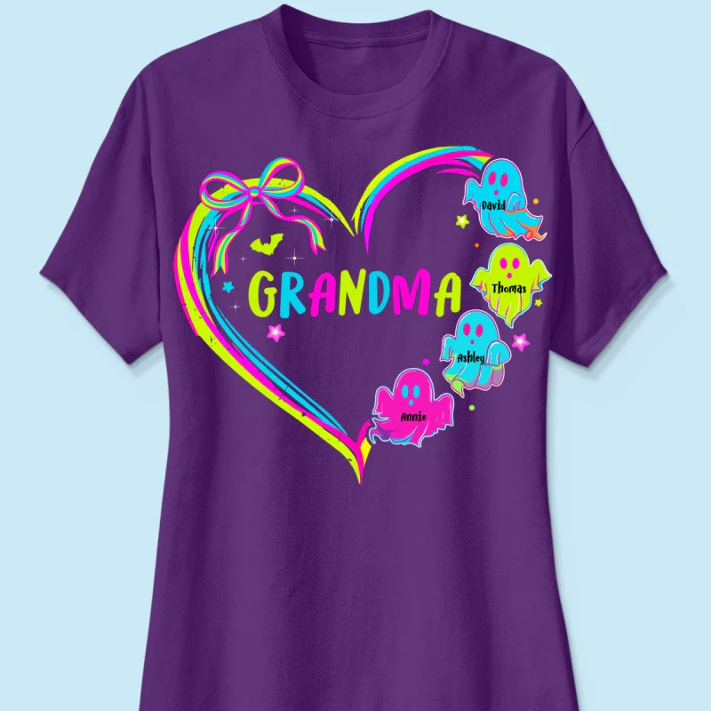Halloween Preppy Style Neon Colors Boo Kids Names Grandma Heart Personalized Shirt - Image 15