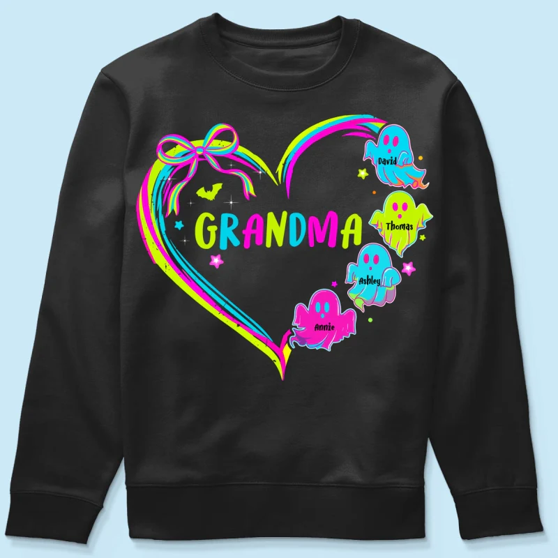 Halloween Preppy Style Neon Colors Boo Kids Names Grandma Heart Personalized Shirt - Image 16