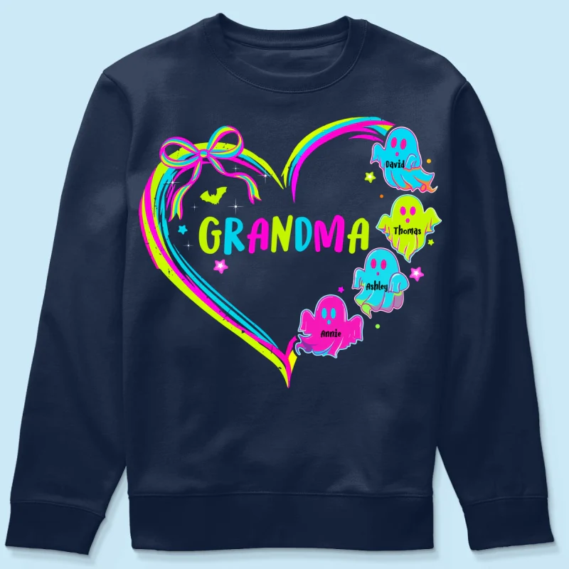 Halloween Preppy Style Neon Colors Boo Kids Names Grandma Heart Personalized Shirt - Image 17