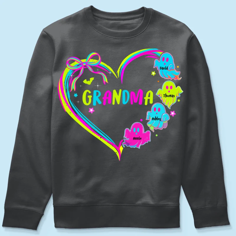 Halloween Preppy Style Neon Colors Boo Kids Names Grandma Heart Personalized Shirt - Image 18