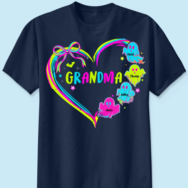 Halloween Preppy Style Neon Colors Boo Kids Names Grandma Heart Personalized Shirt - Image 9