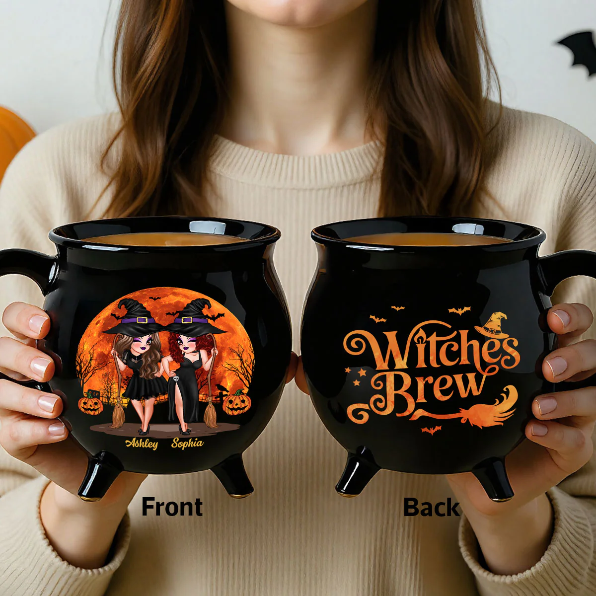 Halloween Pretty Witch Besties Witches Brew Personalized Ceramic Cauldron Mug - Image 2