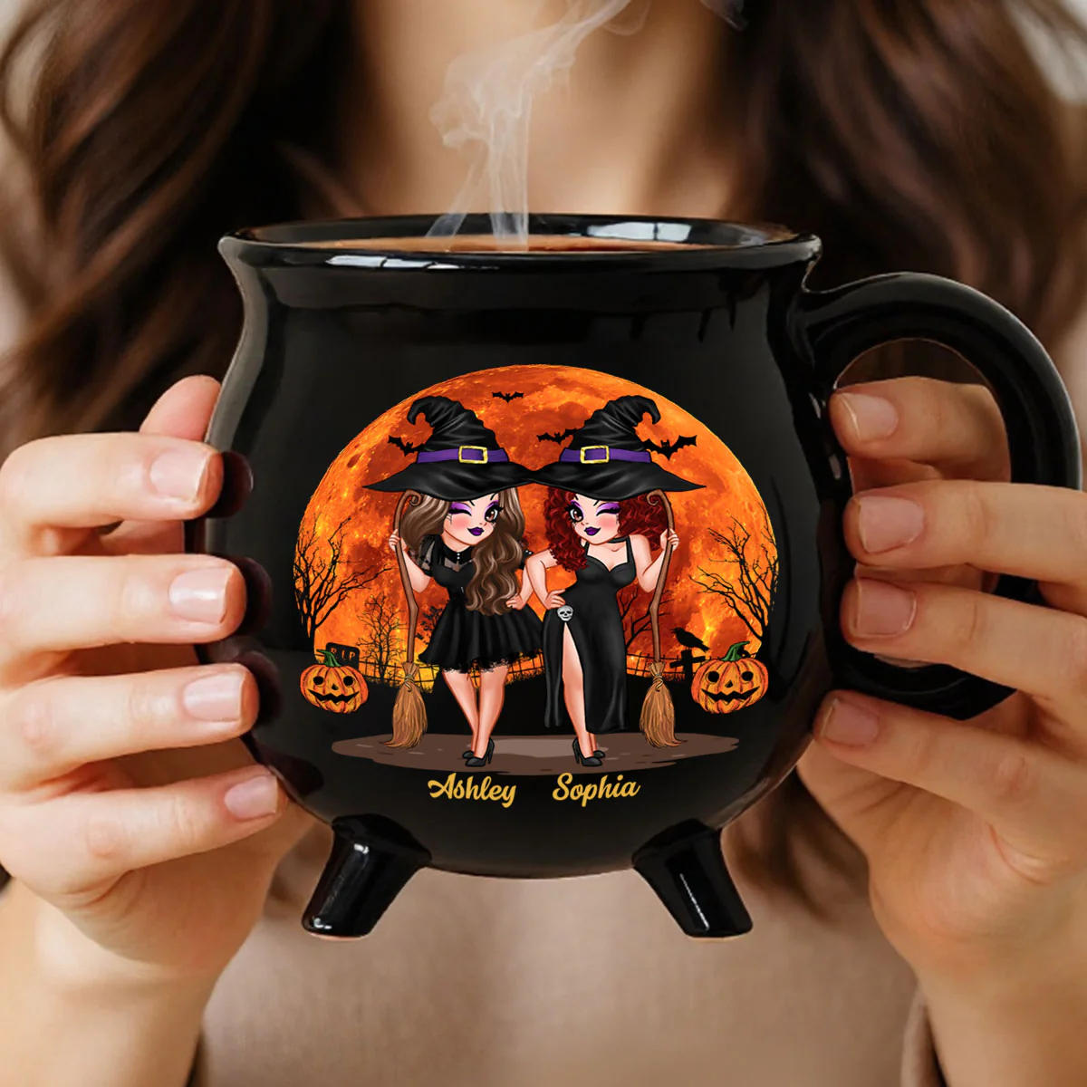Halloween Pretty Witch Besties Witches Brew Personalized Ceramic Cauldron Mug - Image 3