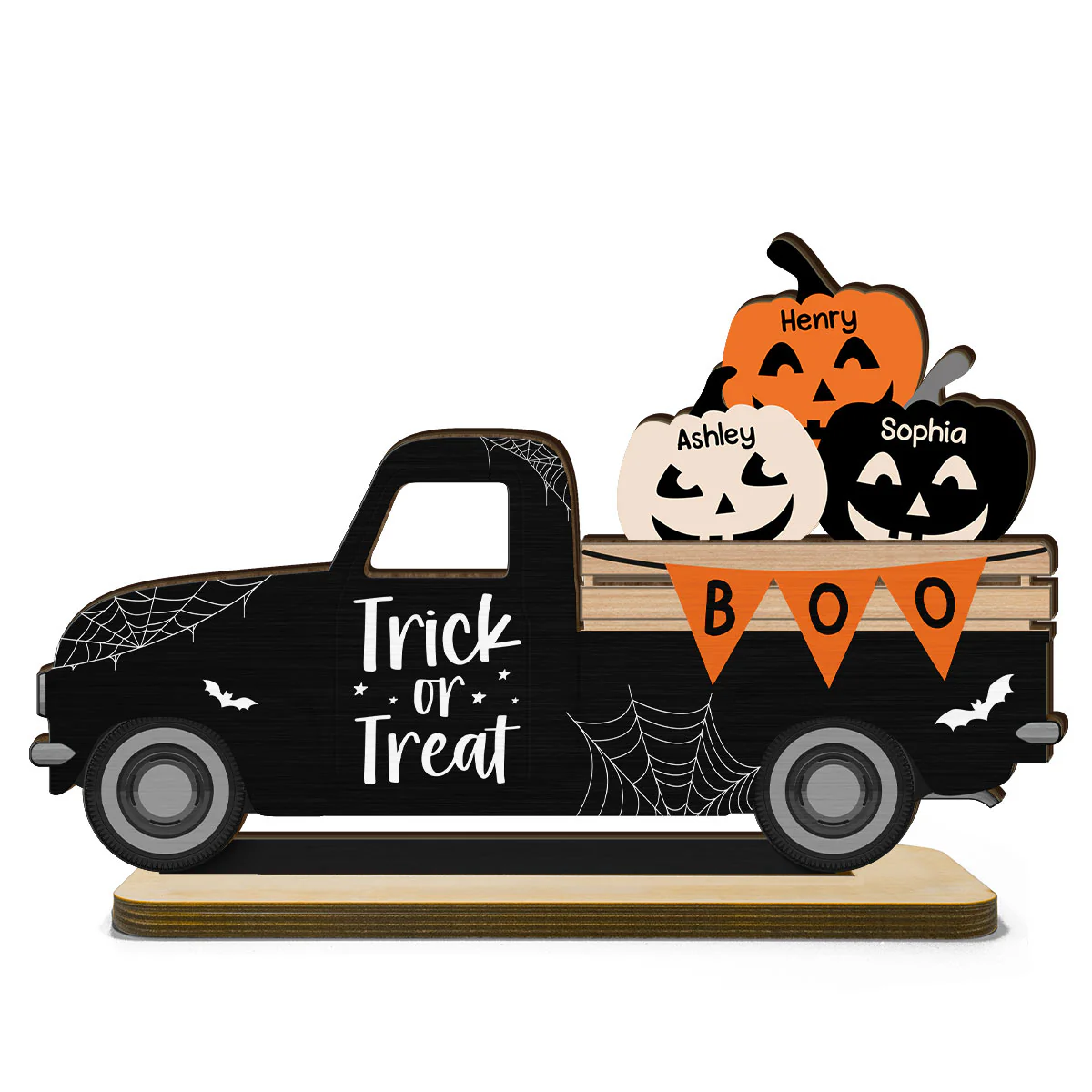 Halloween Pumpkin Truck Trick Or Treat Personalized 2-Layer Standing Wooden Plaque, Halloween Decoration, Tiered Tray Decor - Image 2