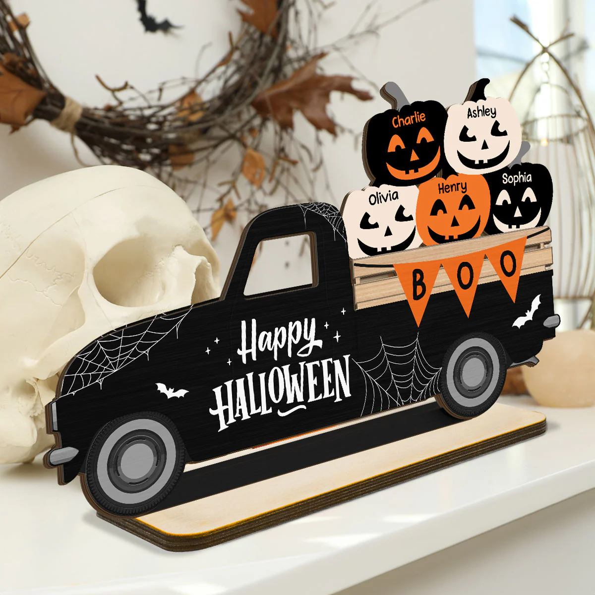 Halloween Pumpkin Truck Trick Or Treat Personalized 2-Layer Standing Wooden Plaque, Halloween Decoration, Tiered Tray Decor - Image 3