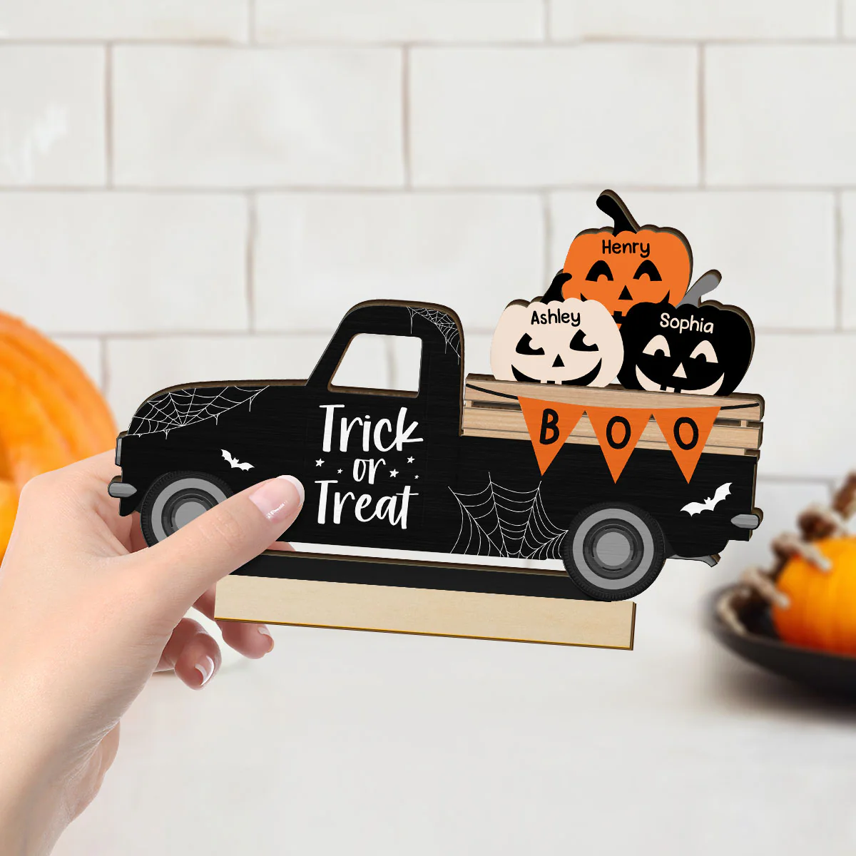 Halloween Pumpkin Truck Trick Or Treat Personalized 2-Layer Standing Wooden Plaque, Halloween Decoration, Tiered Tray Decor - Image 4