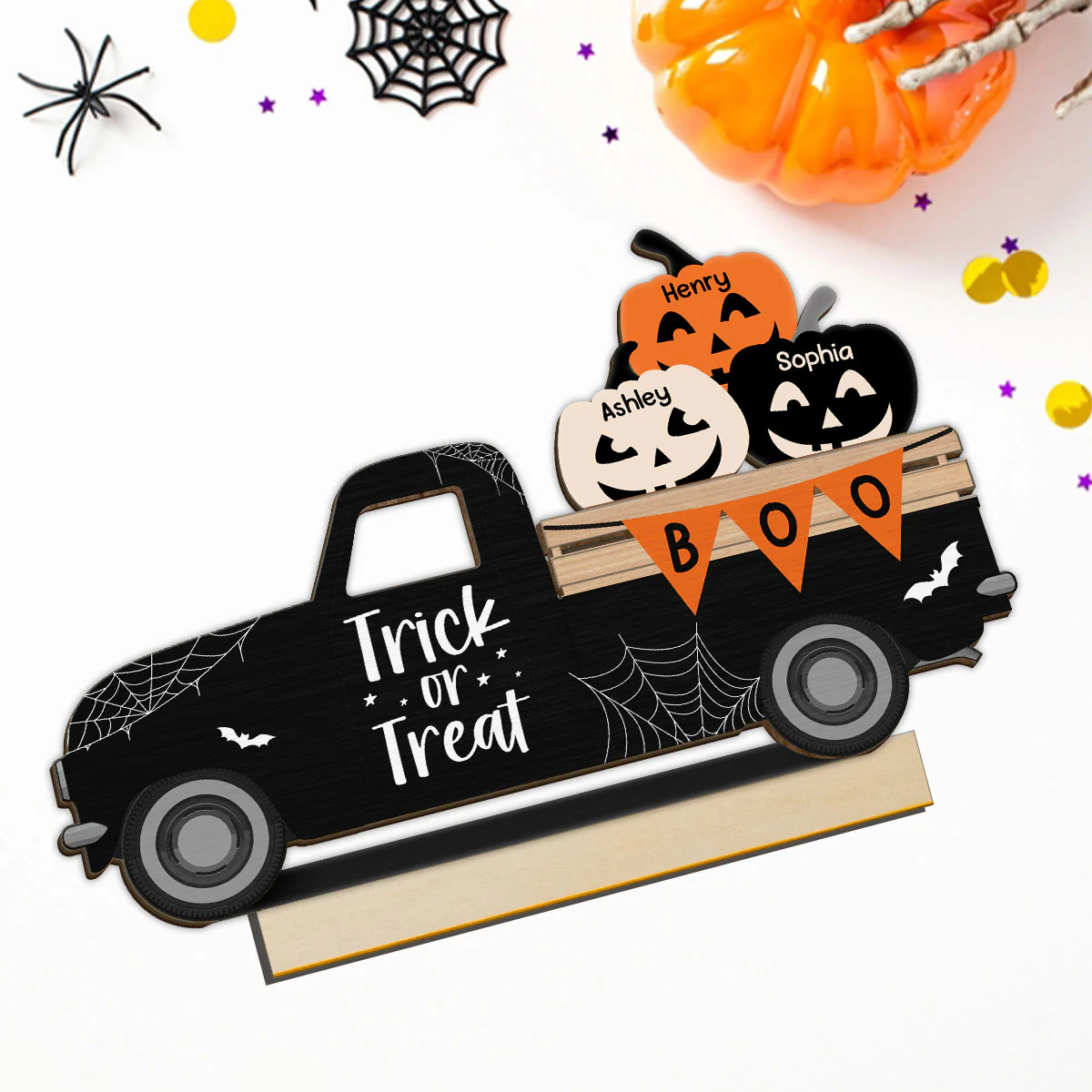 Halloween Pumpkin Truck Trick Or Treat Personalized 2-Layer Standing Wooden Plaque, Halloween Decoration, Tiered Tray Decor - Image 5