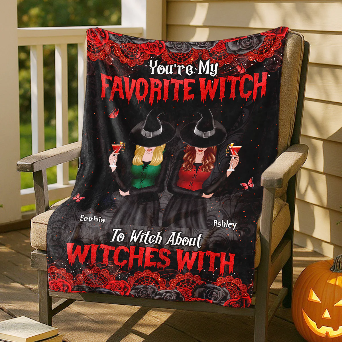 Halloween Rose Pattern Witches Besties Personalized Fleece Blanket - Image 3