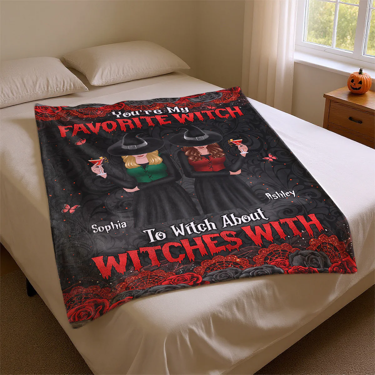 Halloween Rose Pattern Witches Besties Personalized Fleece Blanket - Image 4