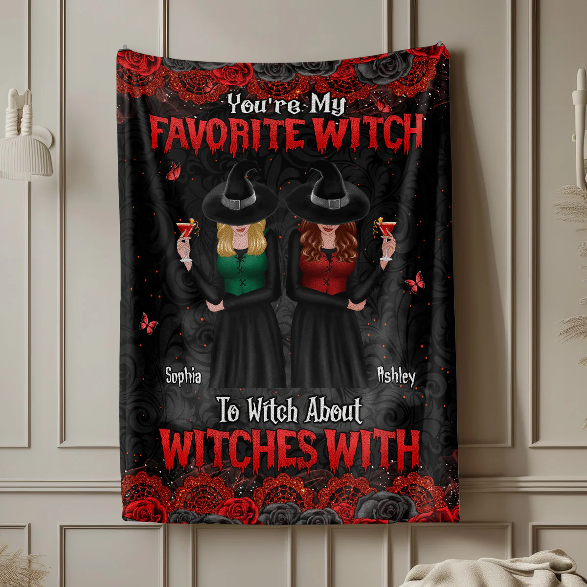 Halloween Rose Pattern Witches Besties Personalized Fleece Blanket - Image 5