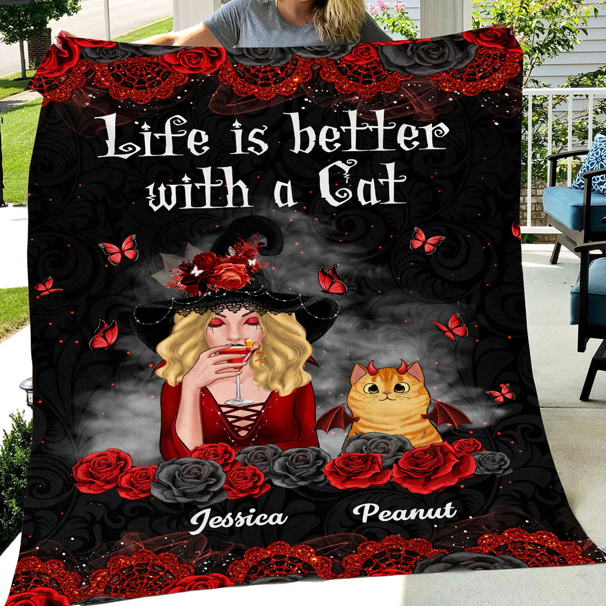 Halloween Roses Cat Mom Witch Personalized Fleece Blanket - Image 3
