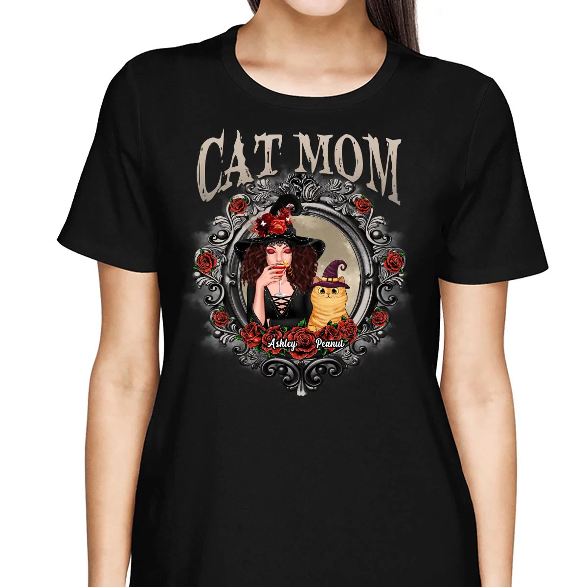 Halloween Roses Mirror Cat Mom Witch Personalized Shirt - Image 2