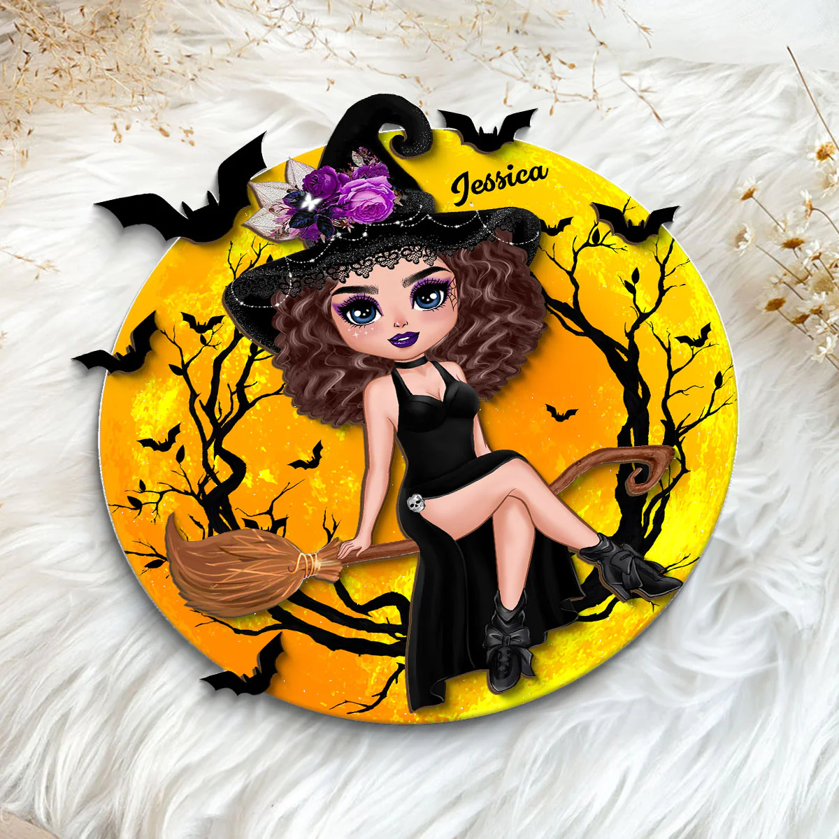 Halloween Witch Sitting On Broom Personalized 2-Layer Wooden Plaque, Halloween Decoration - Image 5