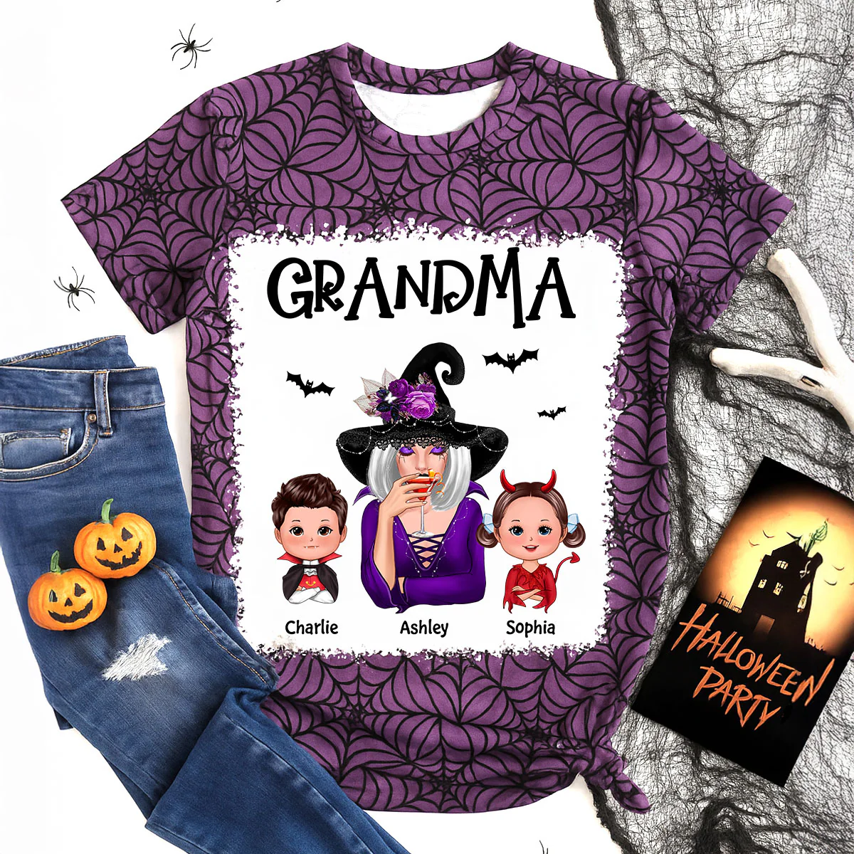Halloween Spider Web Witch Grandma Personalized 3D Shirt - Image 9