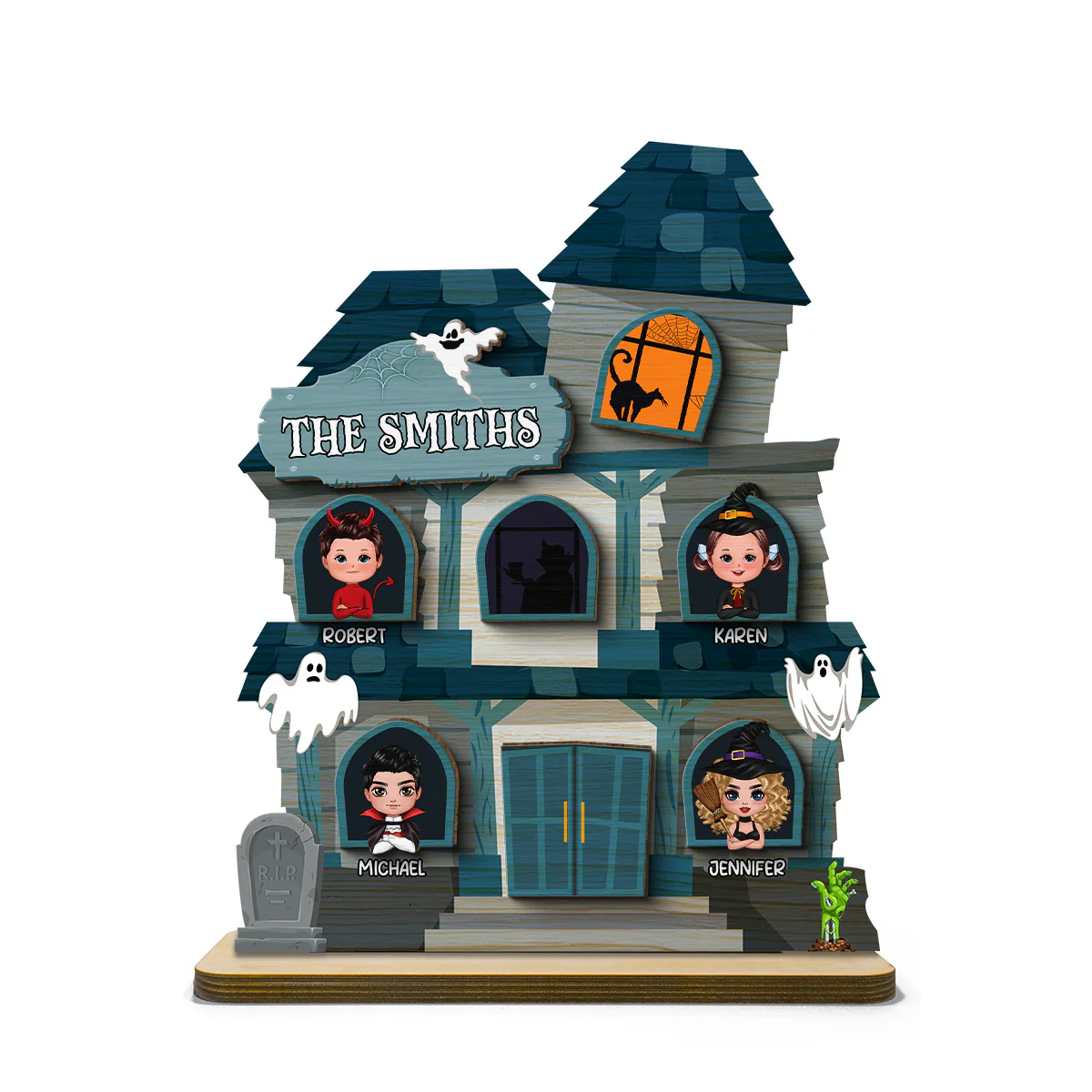 Halloween Spooky House Family Tabletop Tiered Tray Decor Personalized 2-Layer Wooden Stand - Image 2