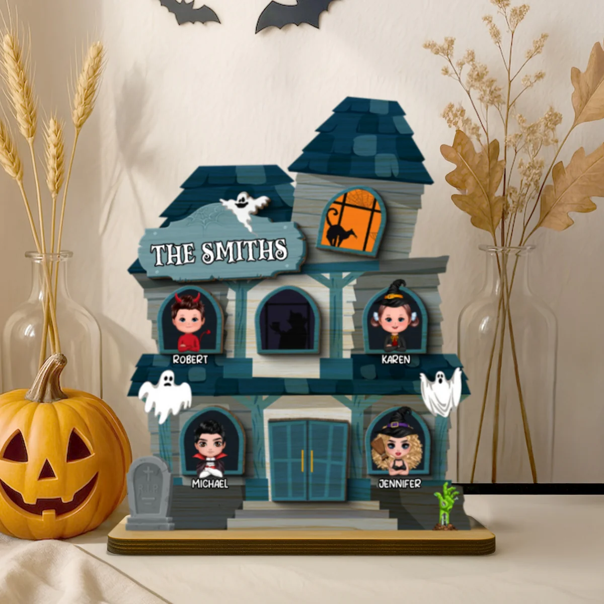 Halloween Spooky House Family Tabletop Tiered Tray Decor Personalized 2-Layer Wooden Stand - Image 8