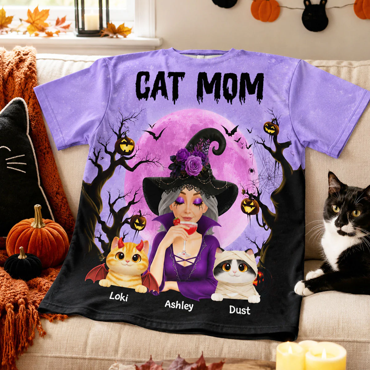 Halloween Theme Spooky Cat Mom Witch - Personalized Shirt - Halloween Gift For Cat Lovers - Image 5