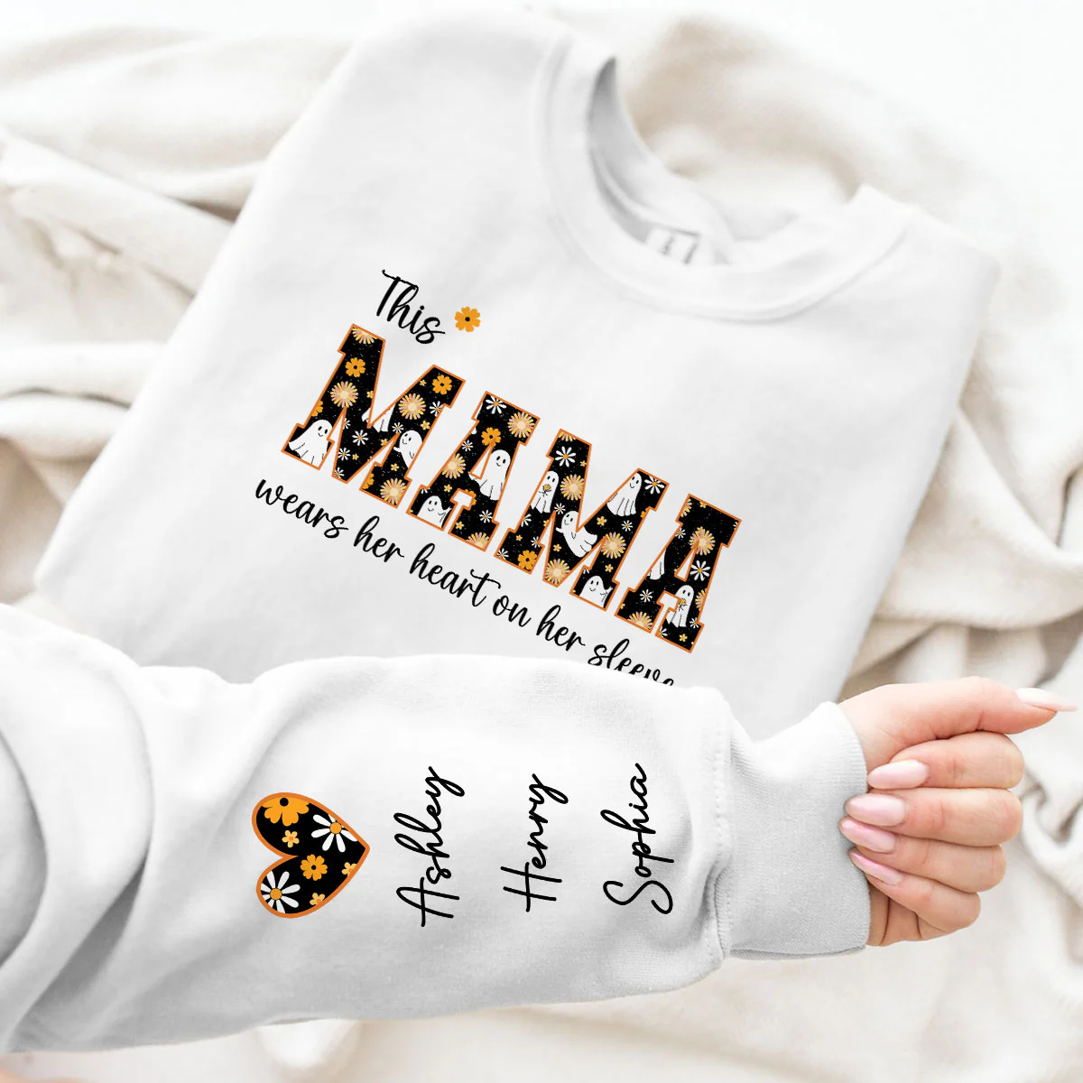Halloween This Mama Wears Her Heart on Her Sleeve Personalized Sleeve Printed Sweatshirt - Image 10