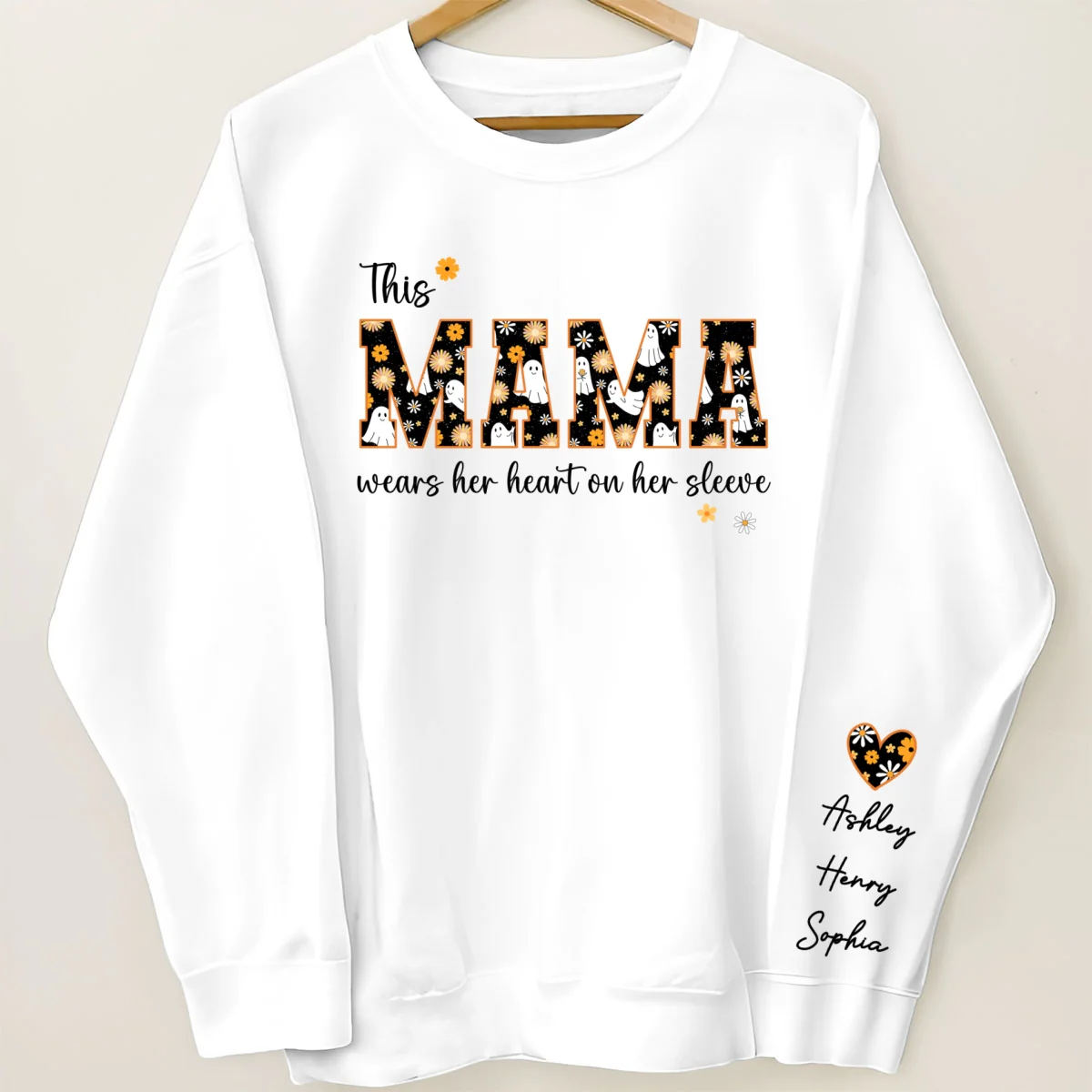 Halloween This Mama Wears Her Heart on Her Sleeve Personalized Sleeve Printed Sweatshirt - Image 11