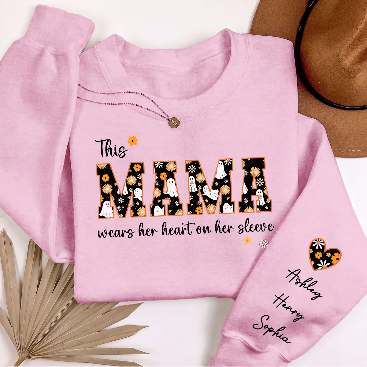Halloween This Mama Wears Her Heart on Her Sleeve Personalized Sleeve Printed Sweatshirt - Image 4