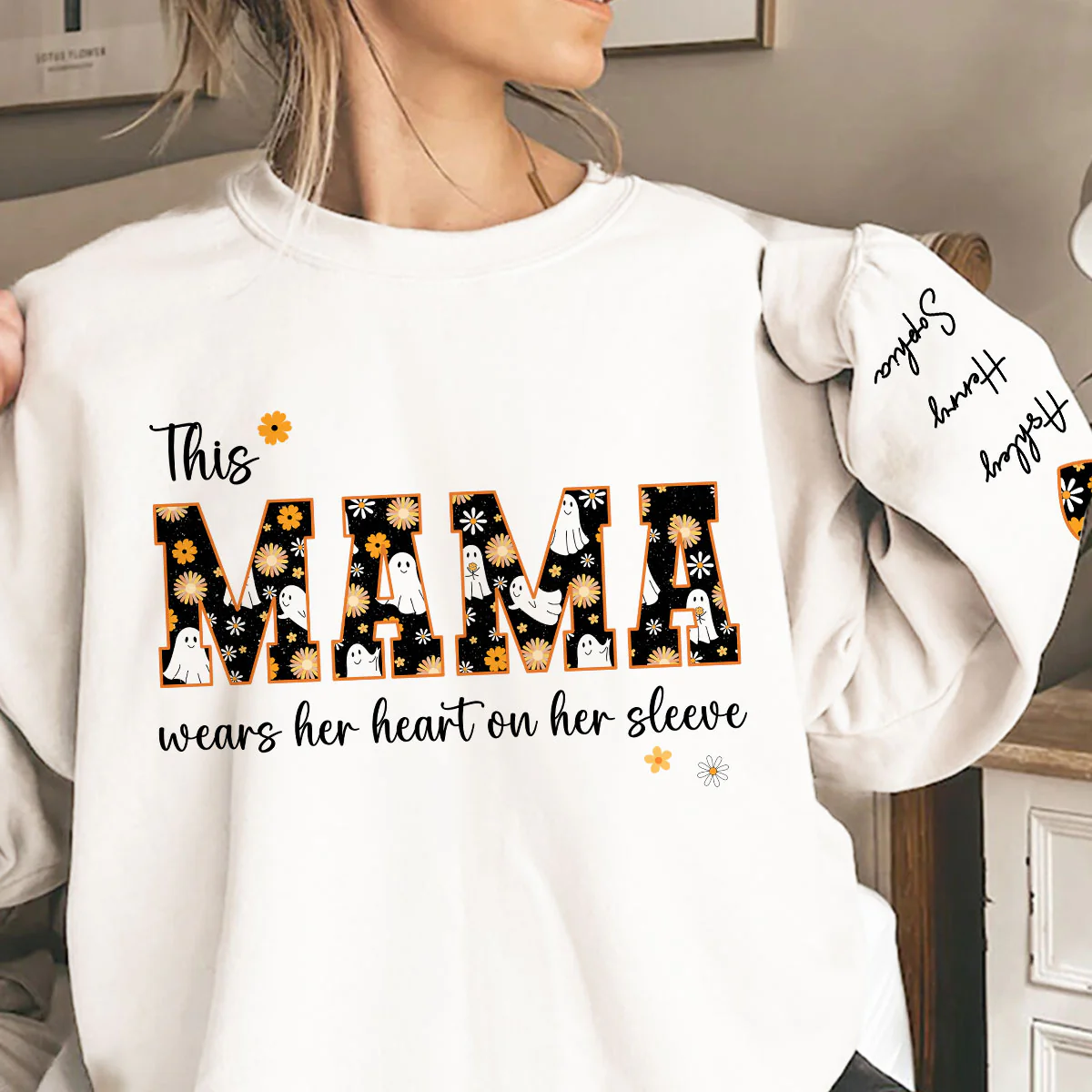 Halloween This Mama Wears Her Heart on Her Sleeve Personalized Sleeve Printed Sweatshirt - Image 6