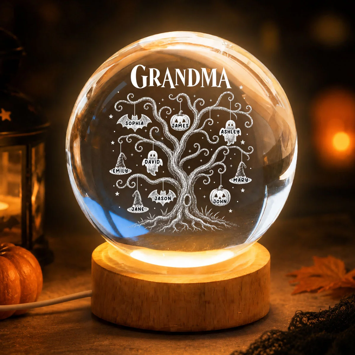 Halloween Tree With Kids Names - Personalized Crystal Ball Night Light - Halloween Gift For Grandma - Image 10