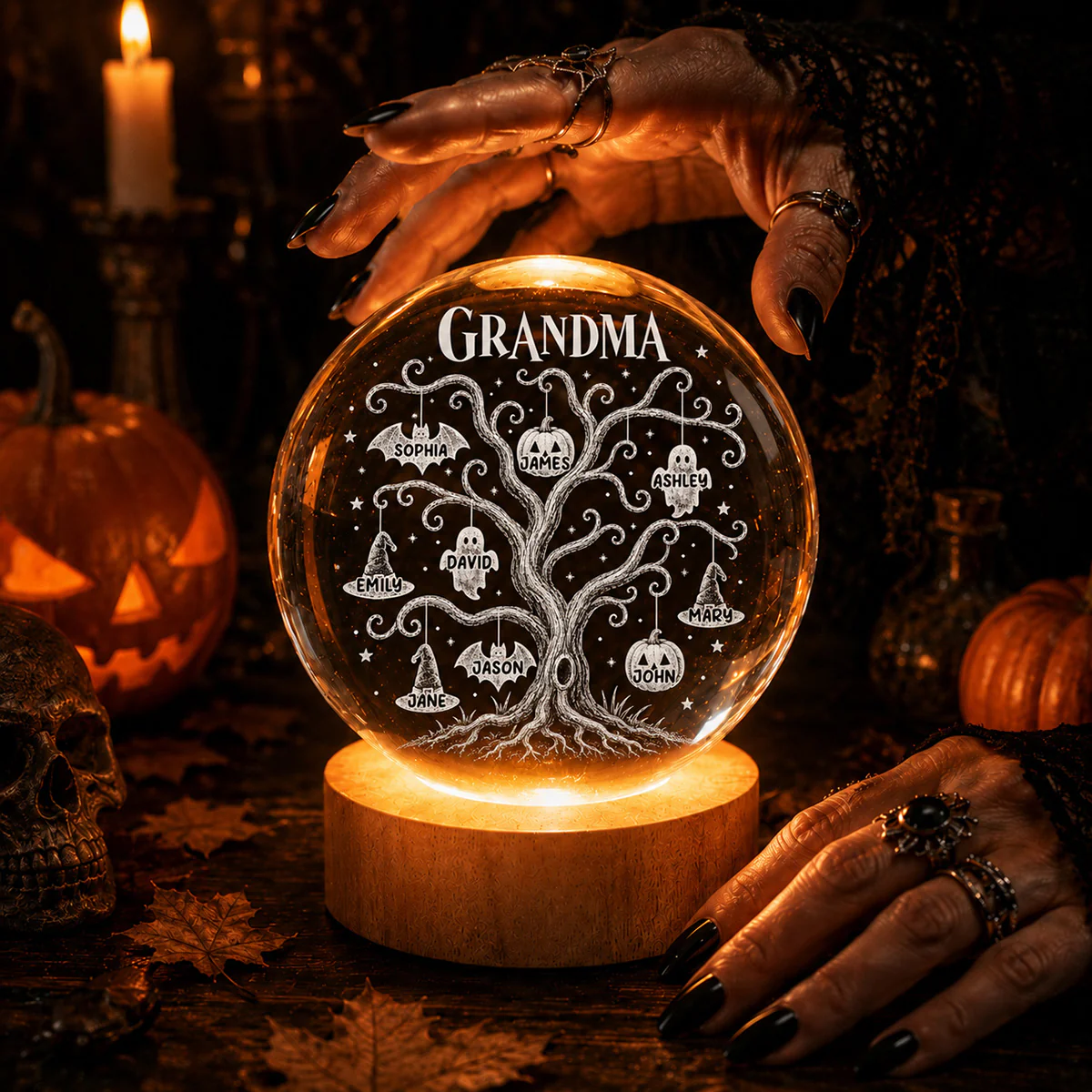 Halloween Tree With Kids Names - Personalized Crystal Ball Night Light - Halloween Gift For Grandma - Image 2