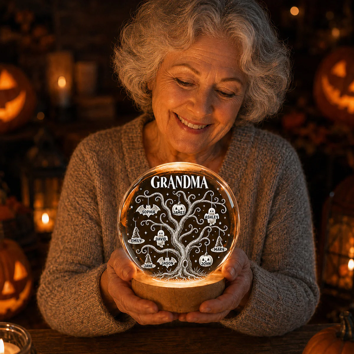 Halloween Tree With Kids Names - Personalized Crystal Ball Night Light - Halloween Gift For Grandma - Image 3