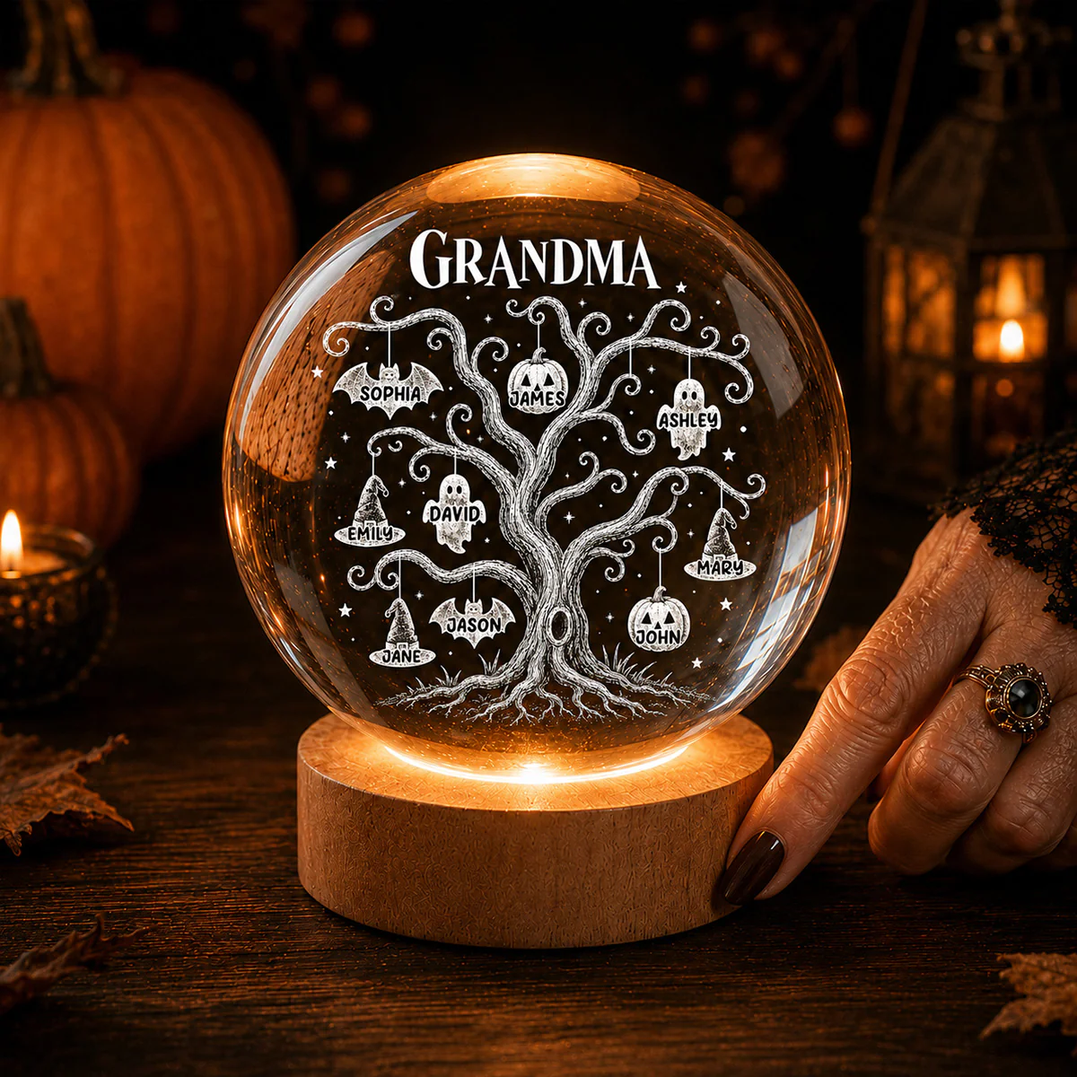 Halloween Tree With Kids Names - Personalized Crystal Ball Night Light - Halloween Gift For Grandma - Image 5