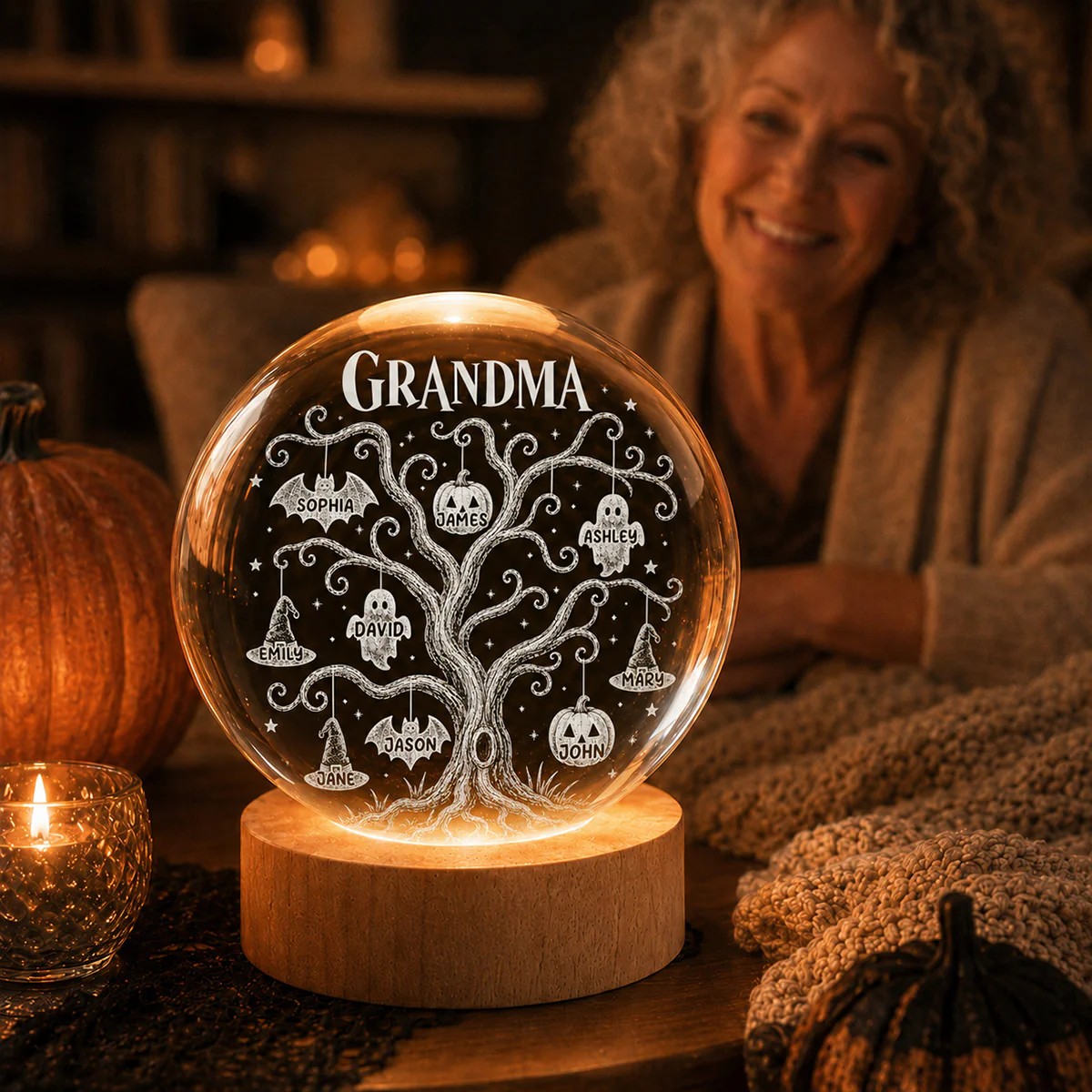 Halloween Tree With Kids Names - Personalized Crystal Ball Night Light - Halloween Gift For Grandma - Image 6