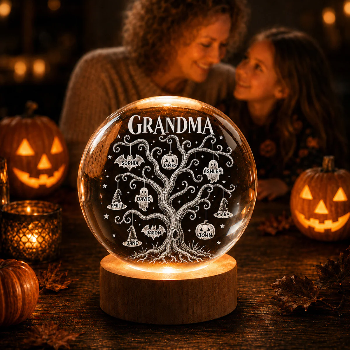 Halloween Tree With Kids Names - Personalized Crystal Ball Night Light - Halloween Gift For Grandma - Image 7