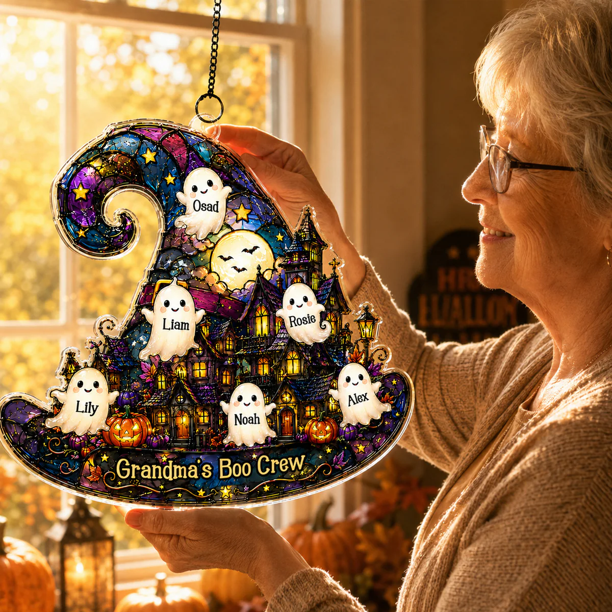 Halloween Village Witch Hat Grandma - Personalized Suncatcher - Halloween Decor Gift, Gift For Grandma - Image 2