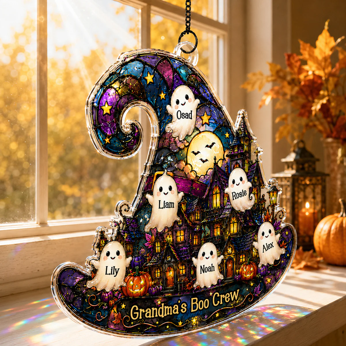 Halloween Village Witch Hat Grandma - Personalized Suncatcher - Halloween Decor Gift, Gift For Grandma - Image 3