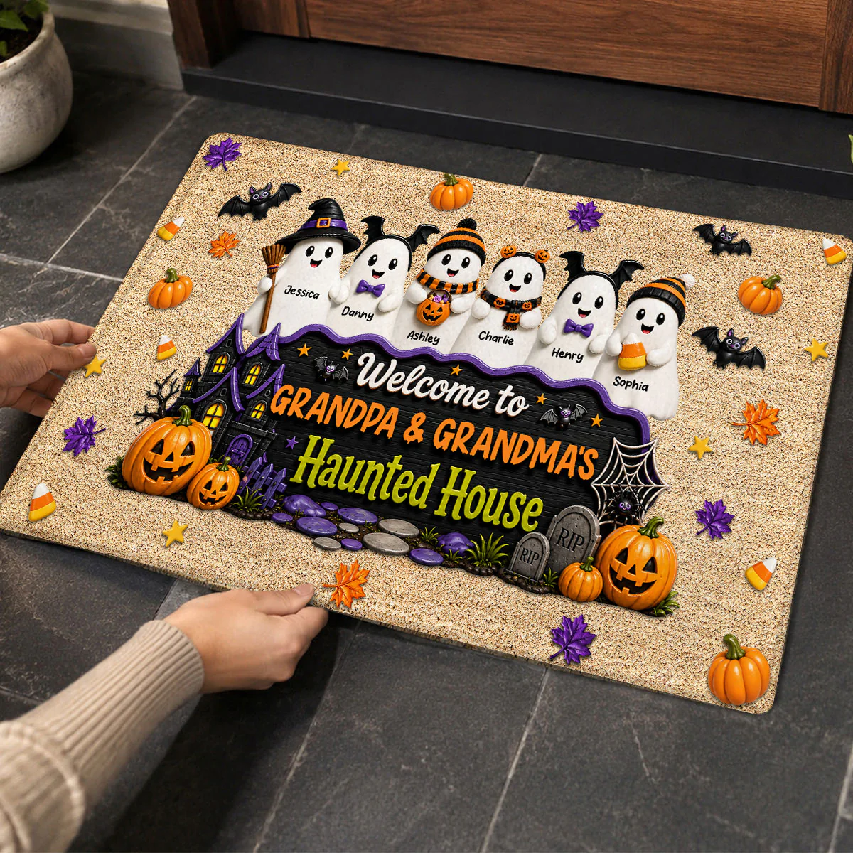Halloween Welcome To Grandma Grandpa Haunted House Cute Boo Kids - Personalized Doormat - Halloween Decoration For Grandparents - Image 3