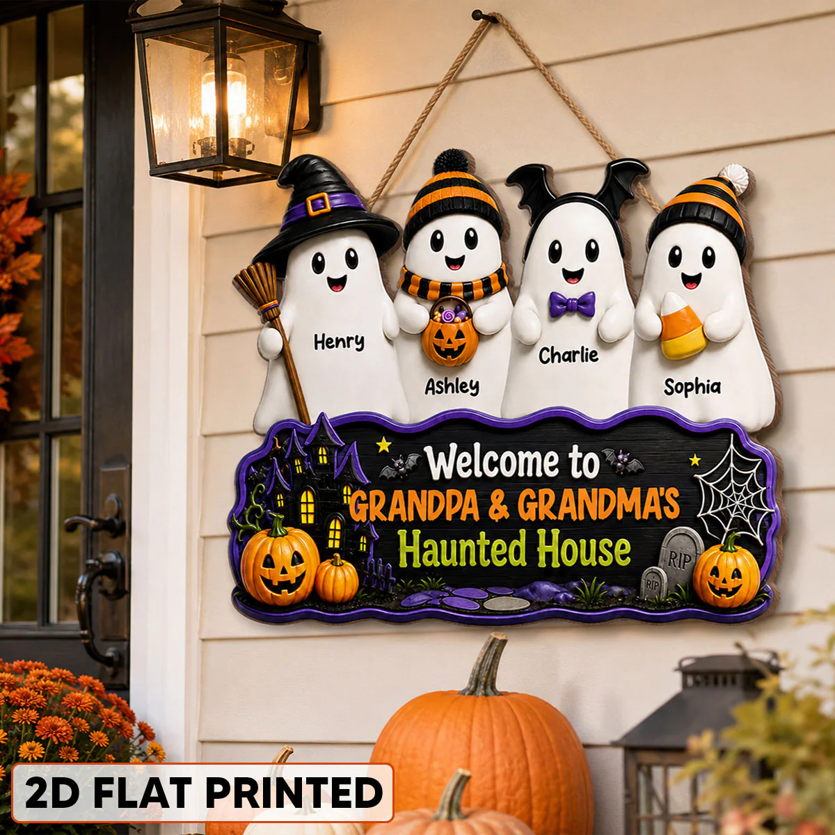 Halloween Welcome To Grandma Grandpa Haunted House Cute Boo Kids - Personalized Wood Sign - Halloween Decoration For Grandparents - Image 2