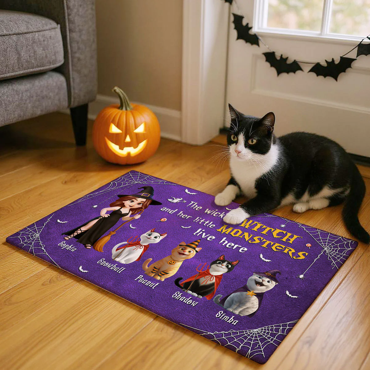 Halloween Wicked Witch & Little Monsters Cartoon Cats Personalized Doormat, Halloween Decor For Cat Lovers - Image 2