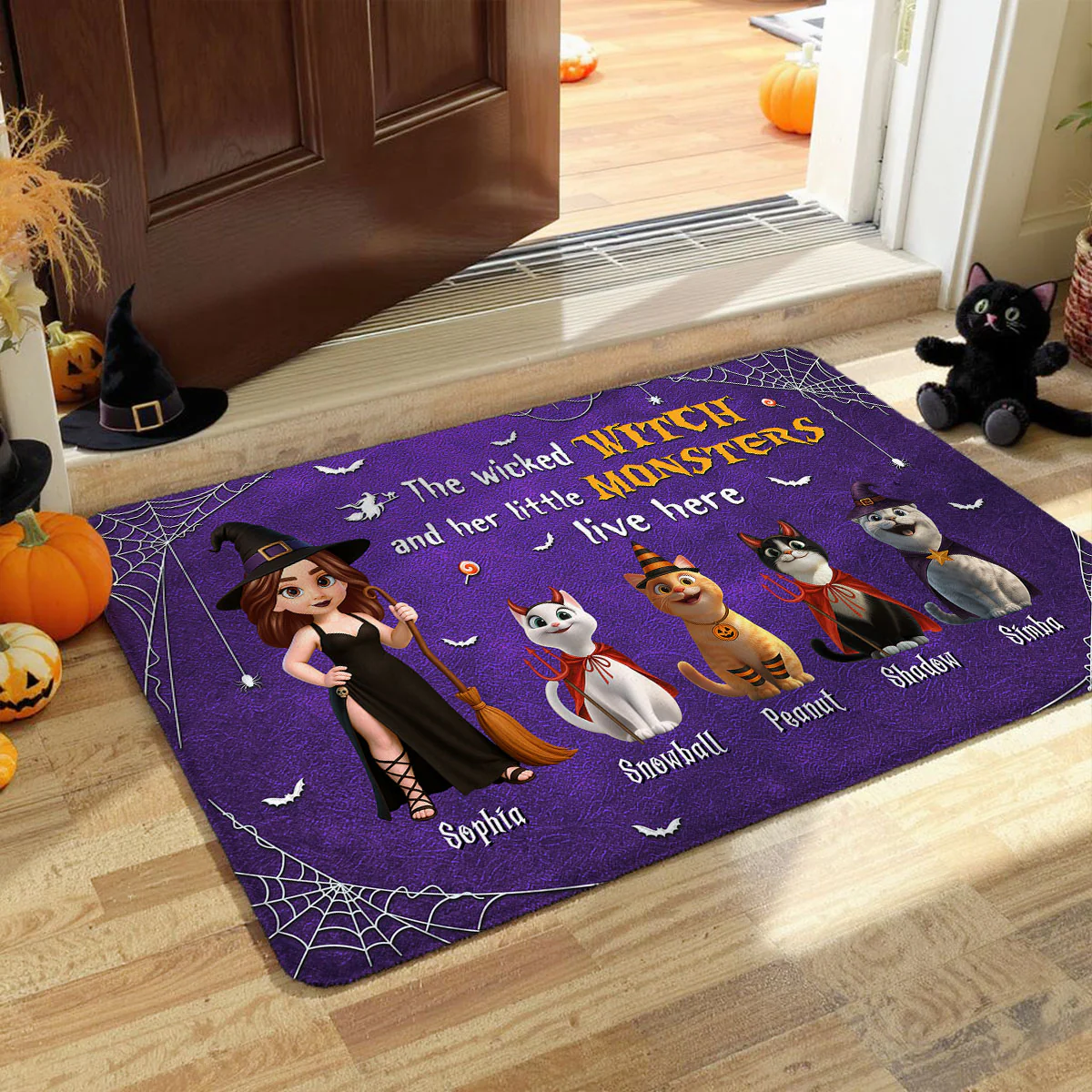 Halloween Wicked Witch & Little Monsters Cartoon Cats Personalized Doormat, Halloween Decor For Cat Lovers - Image 3
