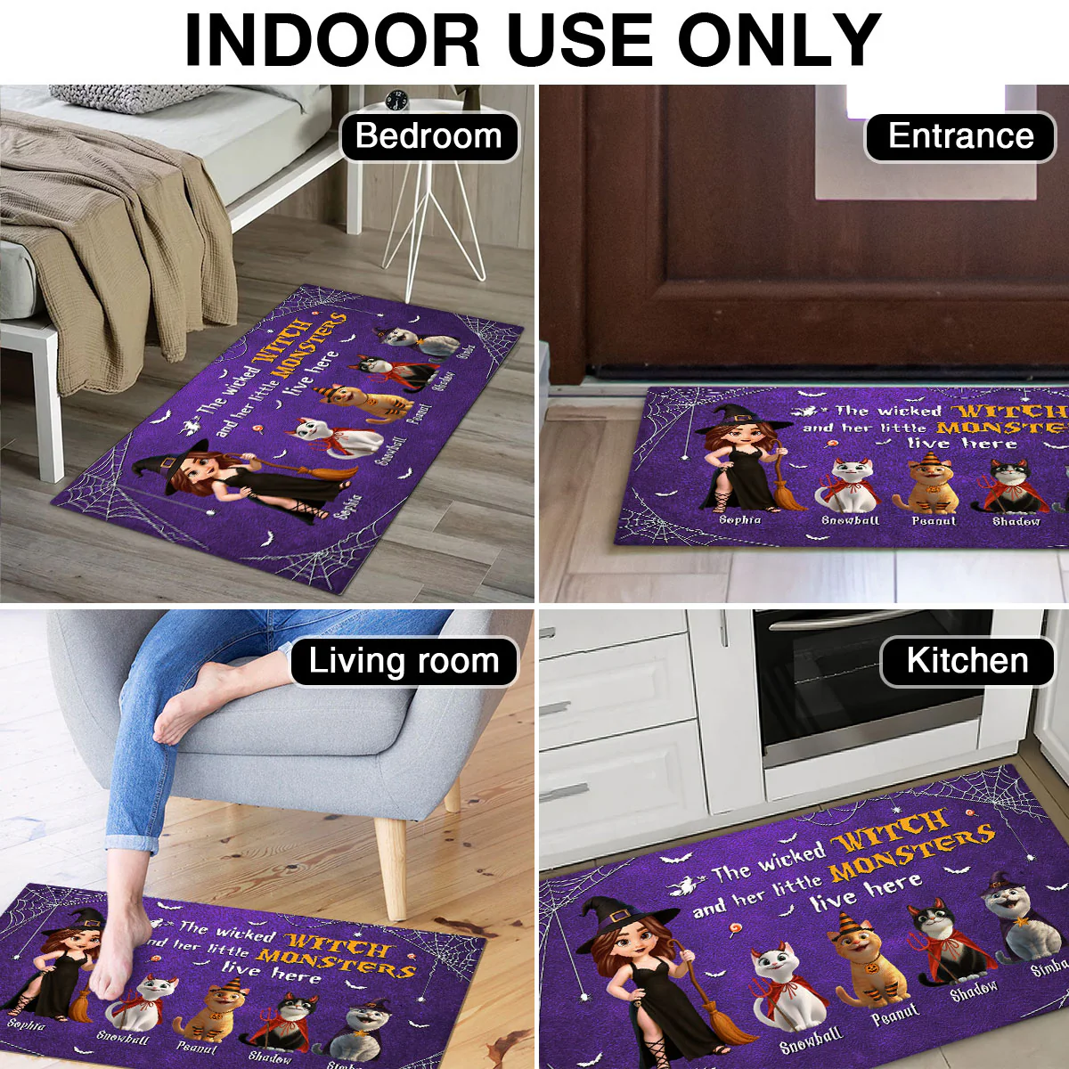 Halloween Wicked Witch & Little Monsters Cartoon Cats Personalized Doormat, Halloween Decor For Cat Lovers - Image 5