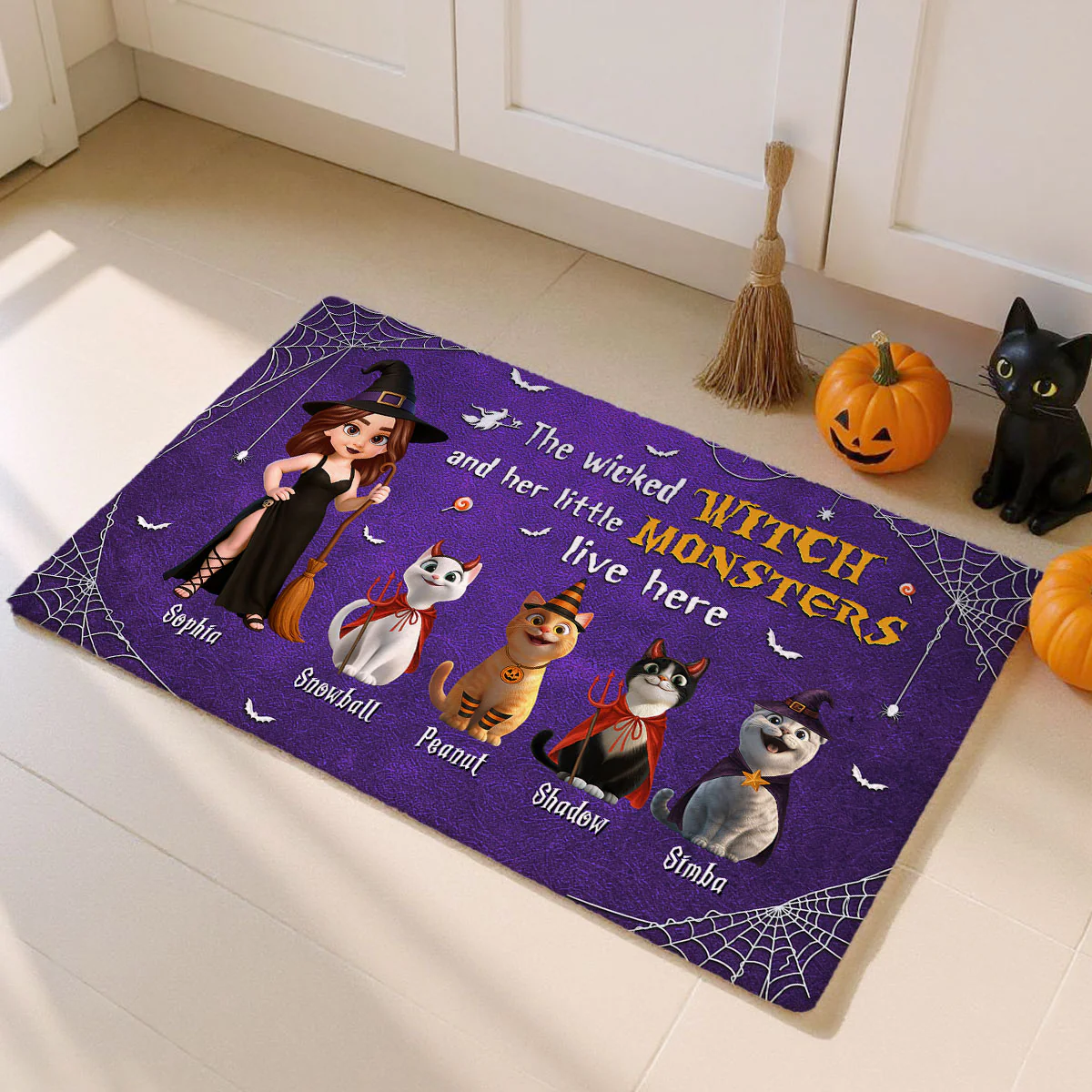 Halloween Wicked Witch & Little Monsters Cartoon Cats Personalized Doormat, Halloween Decor For Cat Lovers - Image 6