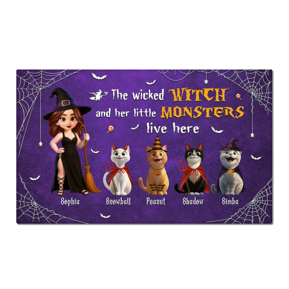 Halloween Wicked Witch & Little Monsters Cartoon Cats Personalized Doormat, Halloween Decor For Cat Lovers - Image 7