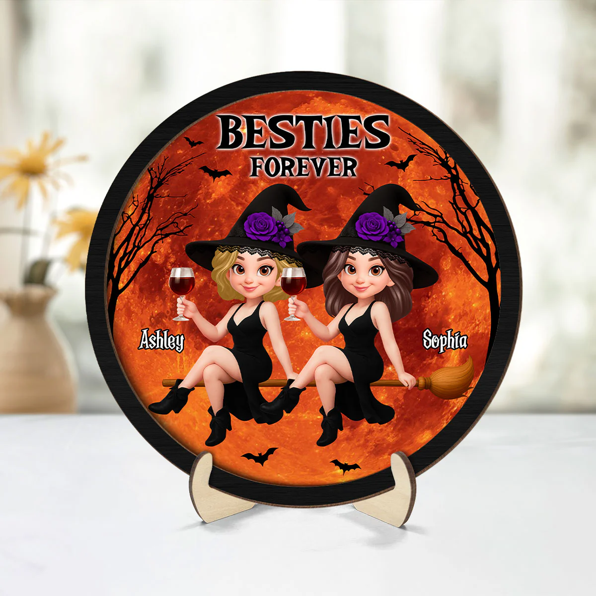 Halloween Witch Besties On Broom Personalized 2-Layer Wooden Plaque, Halloween Gift - Image 2