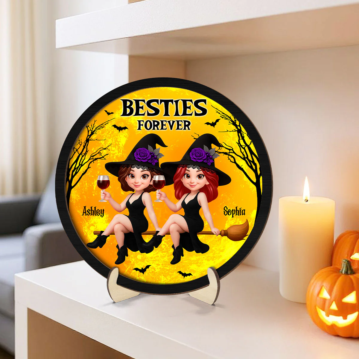 Halloween Witch Besties On Broom Personalized 2-Layer Wooden Plaque, Halloween Gift - Image 6