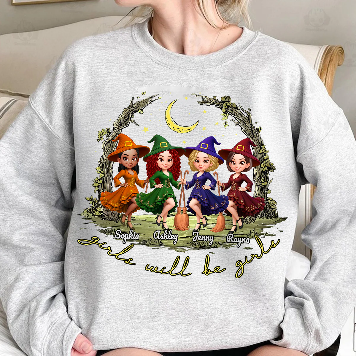 Halloween Witch Besties Sisters Friends Under Moon Personalized Sweatshirt, Halloween Matching Shirt - Image 7