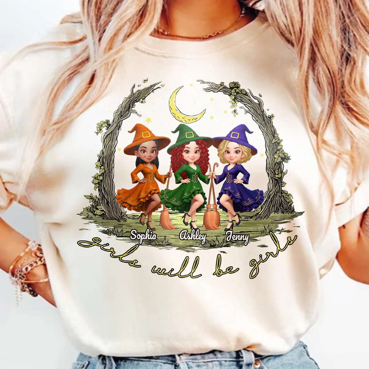 Halloween Witch Besties Sisters Friends Under Moon Personalized Sweatshirt, Halloween Matching Shirt - Image 8