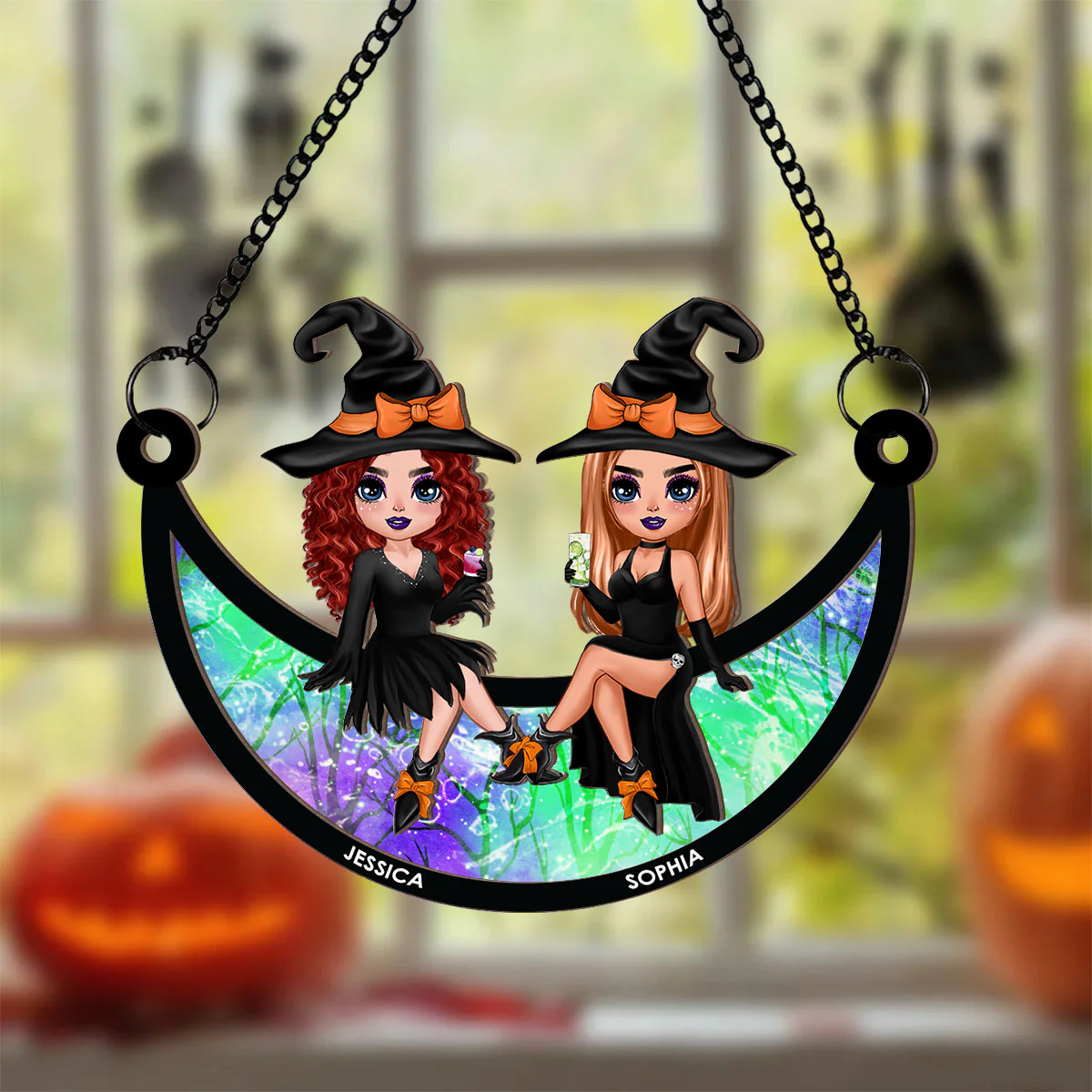 Halloween Witch Besties Sitting On Moon Personalized Window Hanging Suncatcher Ornament, Halloween Decor